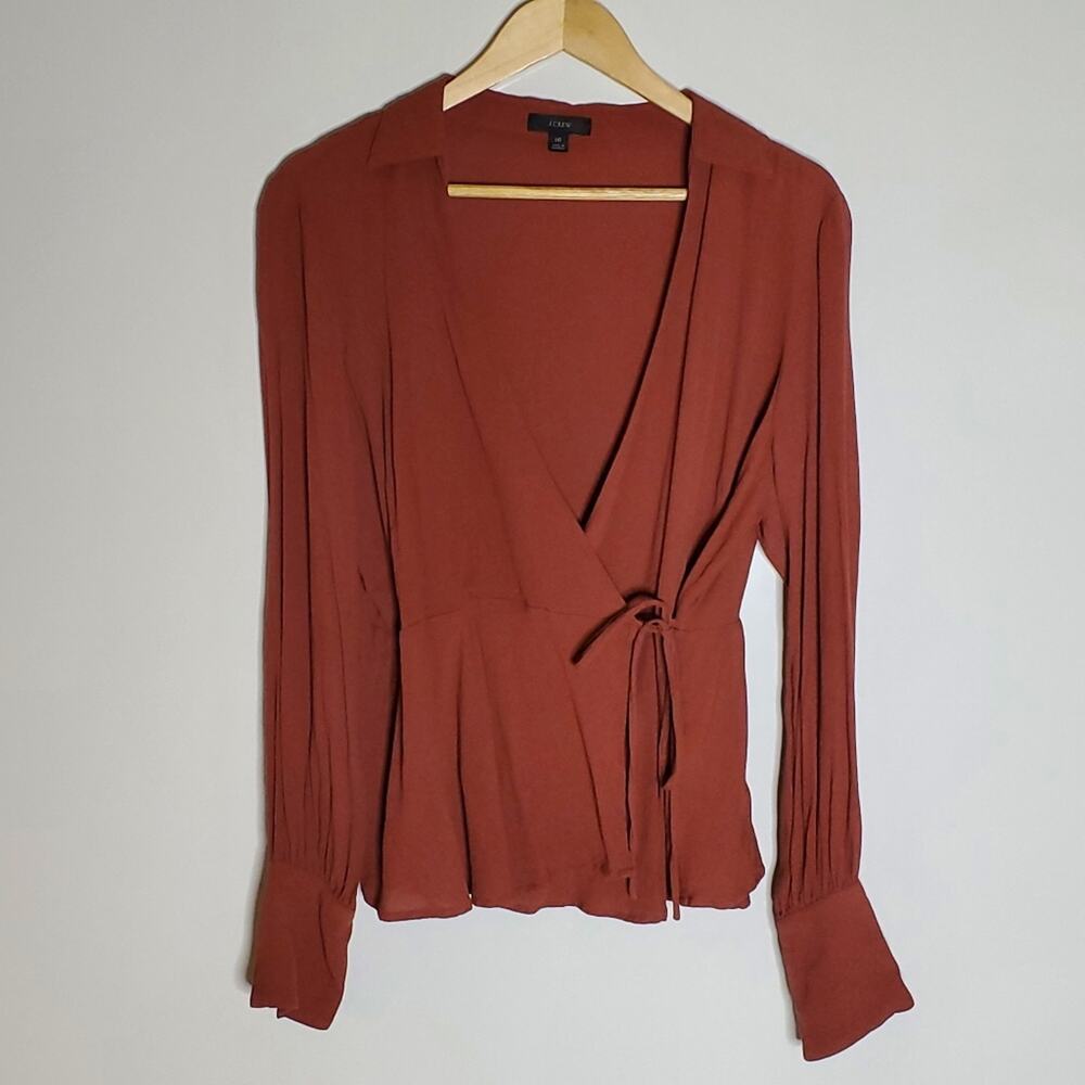 J Crew Women V-neck Long Sleeve Clay Orange Viscose Crepe Wrap Top BD788